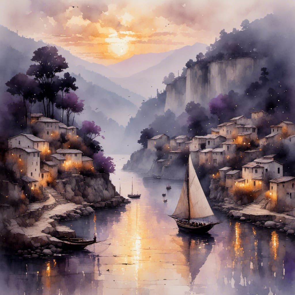 Greek Township at Waterfall, Antique Watercolor