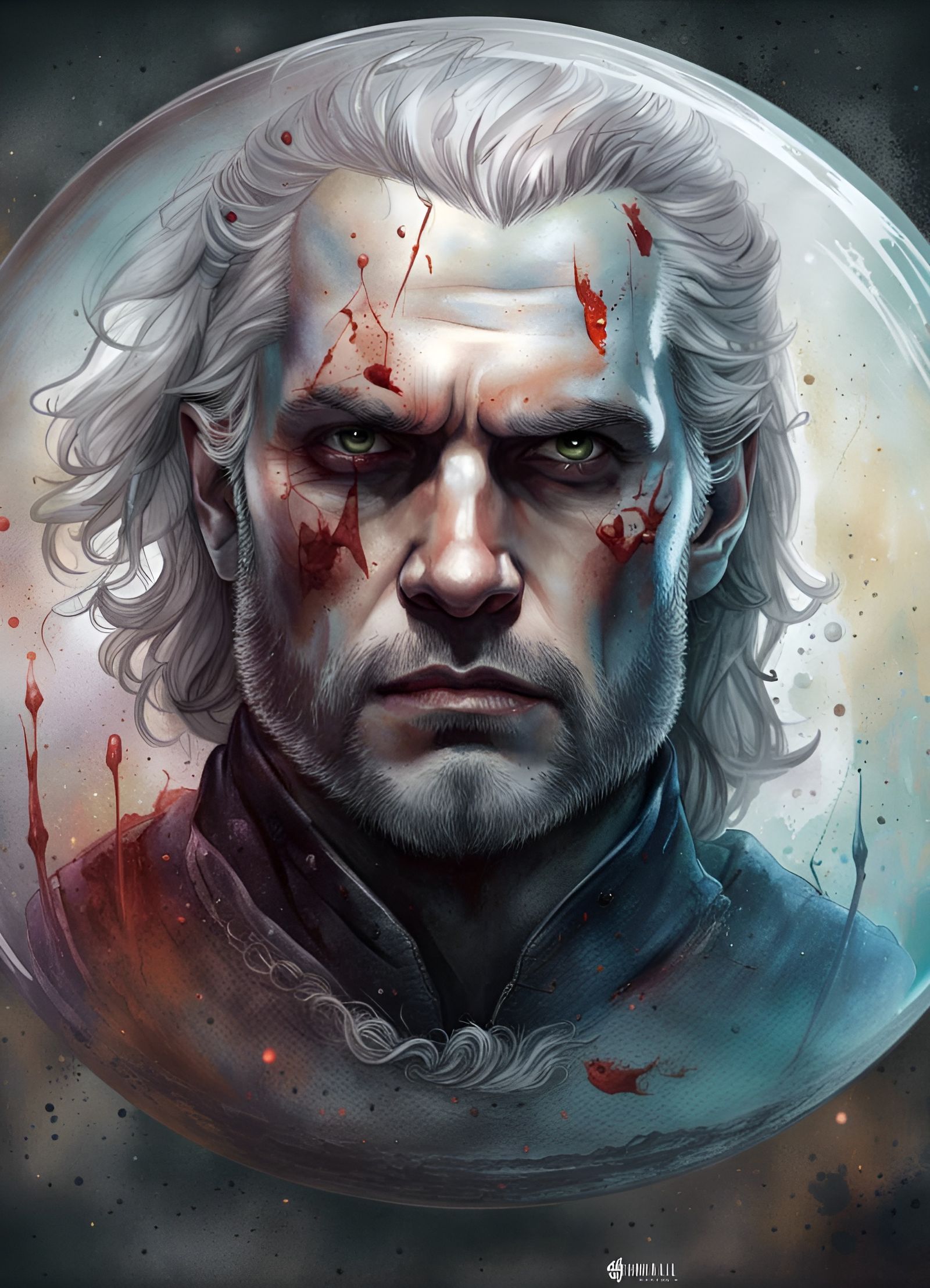 Zombified Witcher Crayon Caricature in Glass Sphere