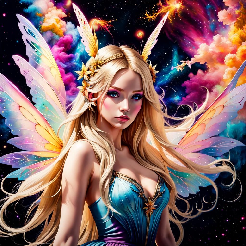 Aurora Whispers: The Enchanting Flight of Meadow, the Blonde Fairy, in a Celestial Tapestry