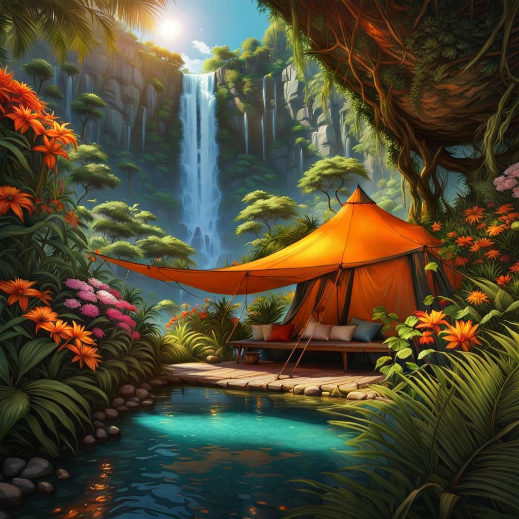 Jungle Waterfall Scene in Orange and Teal