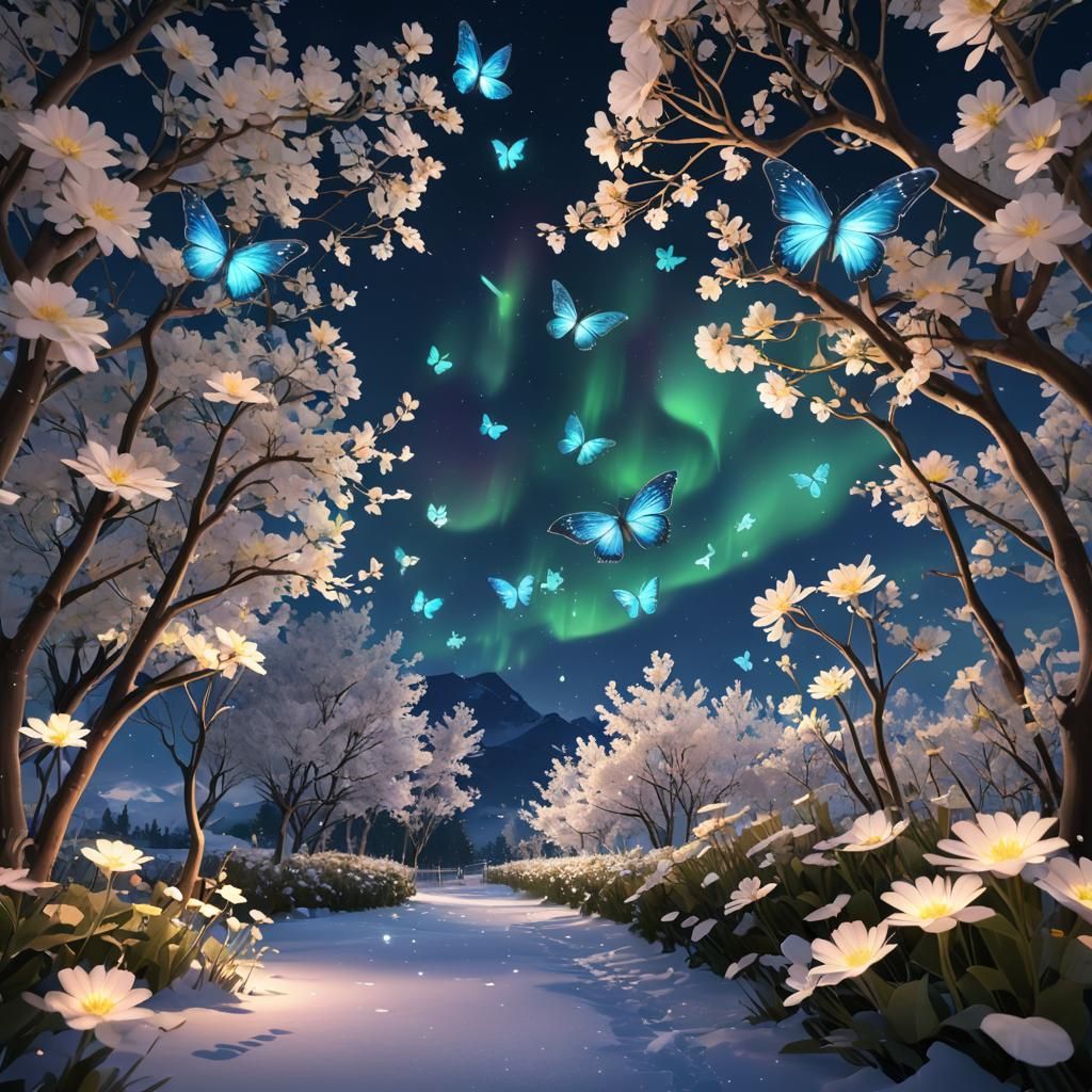 Aurora Borealis with Flowers and Ice Butterflies