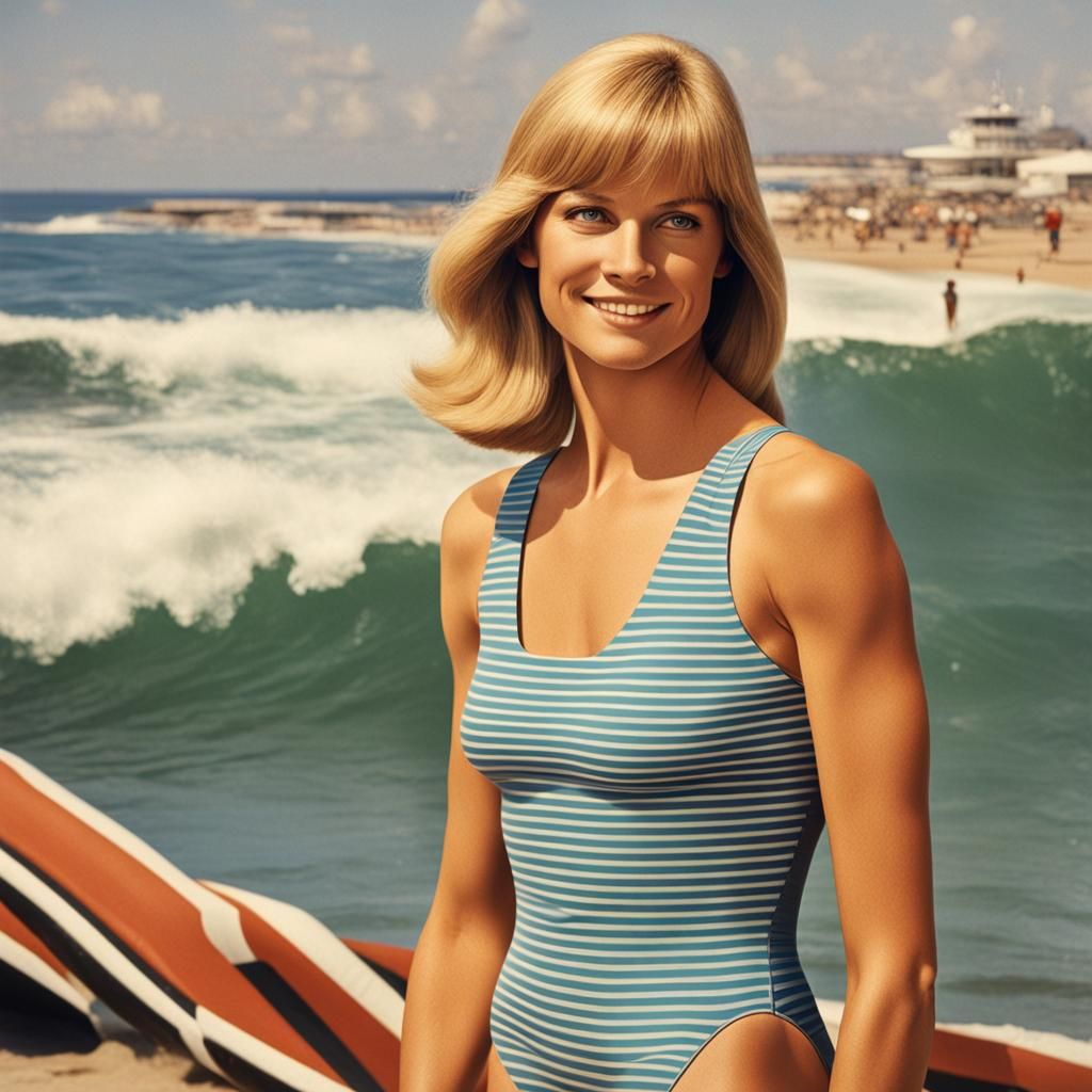 1970s Woman in Sporty Swimsuit, Hyperrealistic Photo