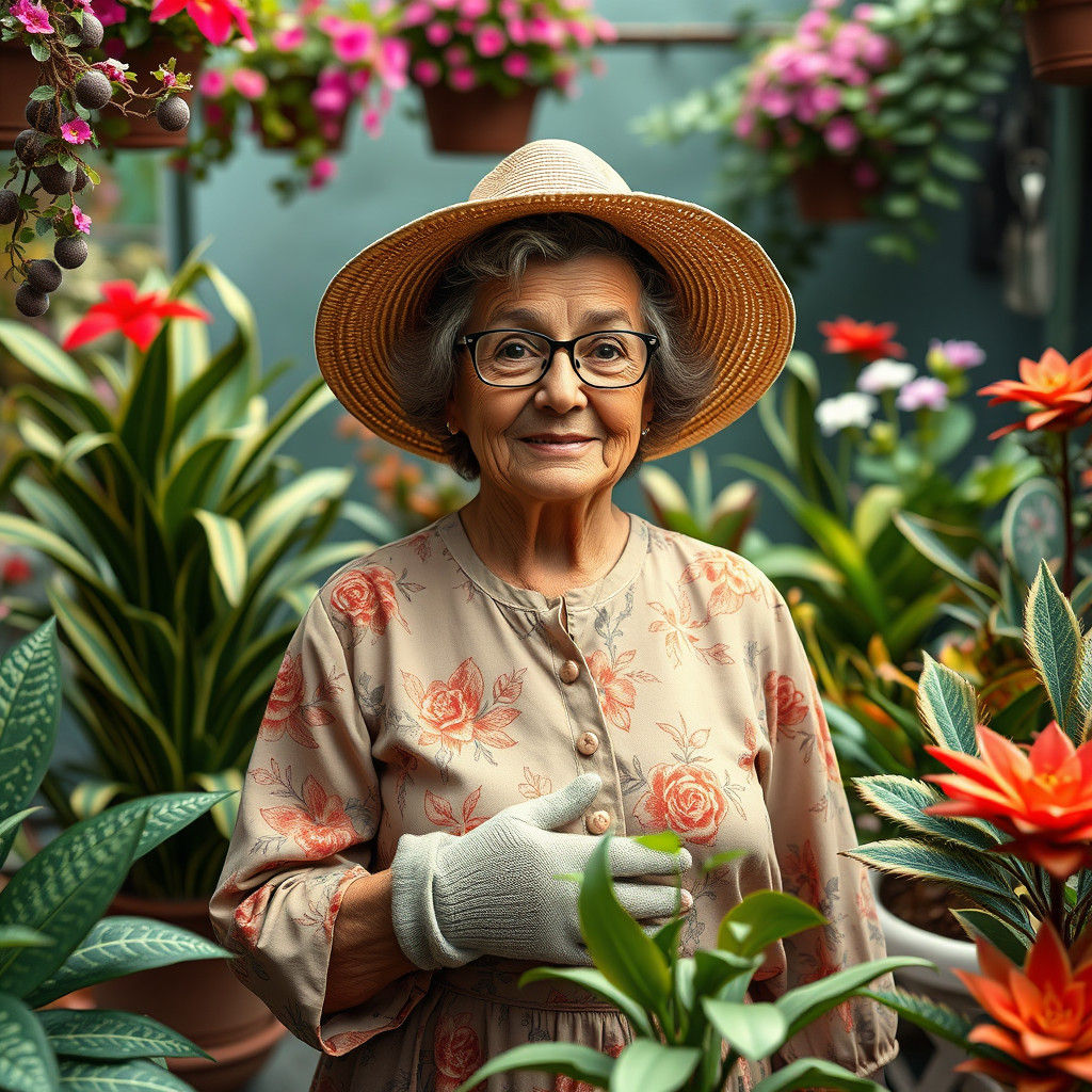 Elderly Gardener Surrounded by Dreamlike Potted Plants