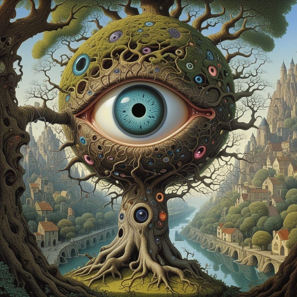 Surreal Eyeball Tree with Whimsical Gothic Flora