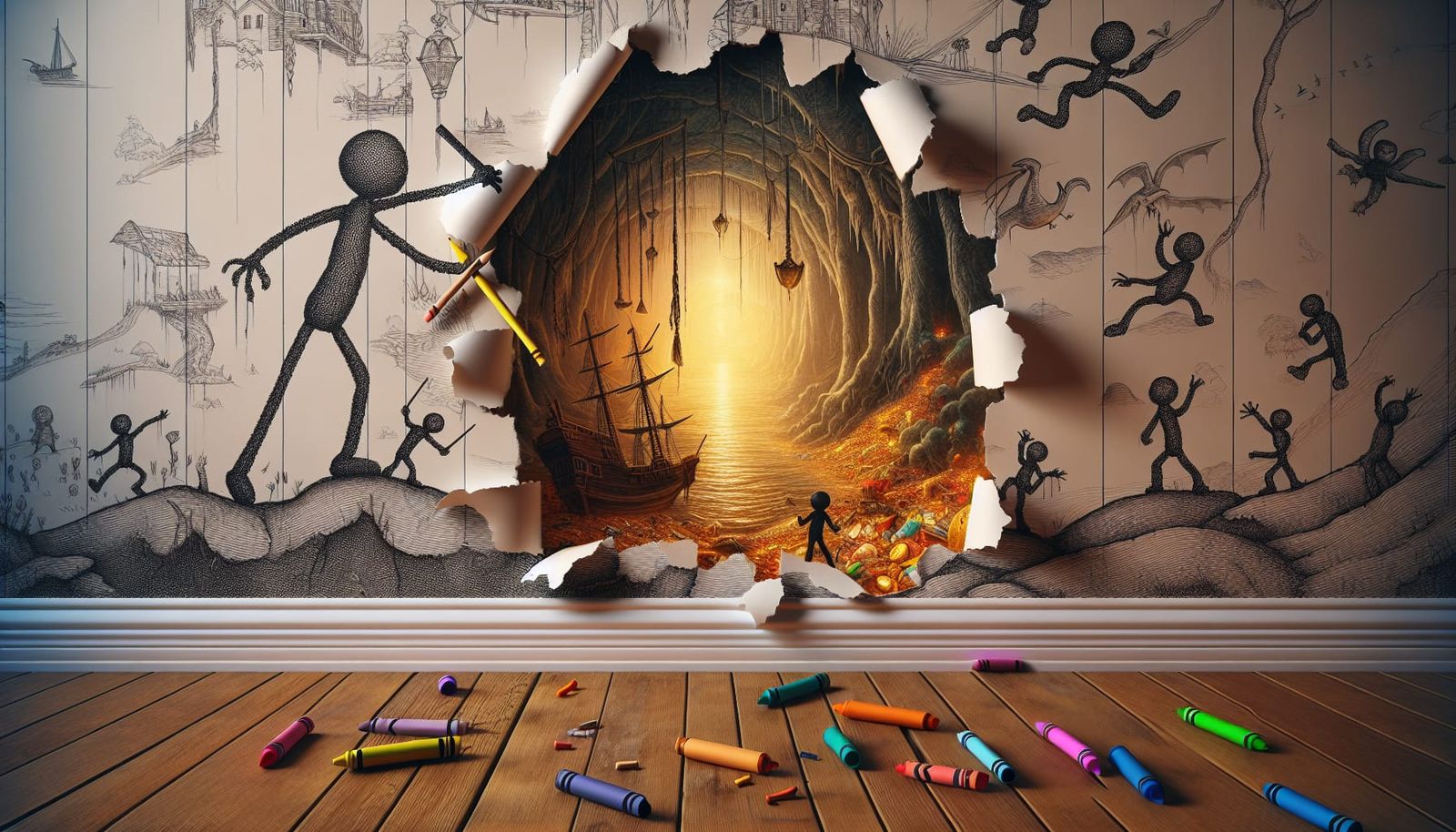 Surreal Scene of Enchanted Stick Figure Drawings