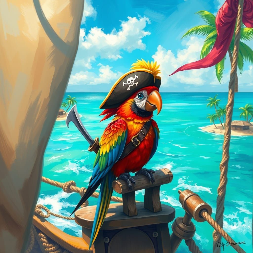 Pirate Parrot Commands Ship in Painterly Style