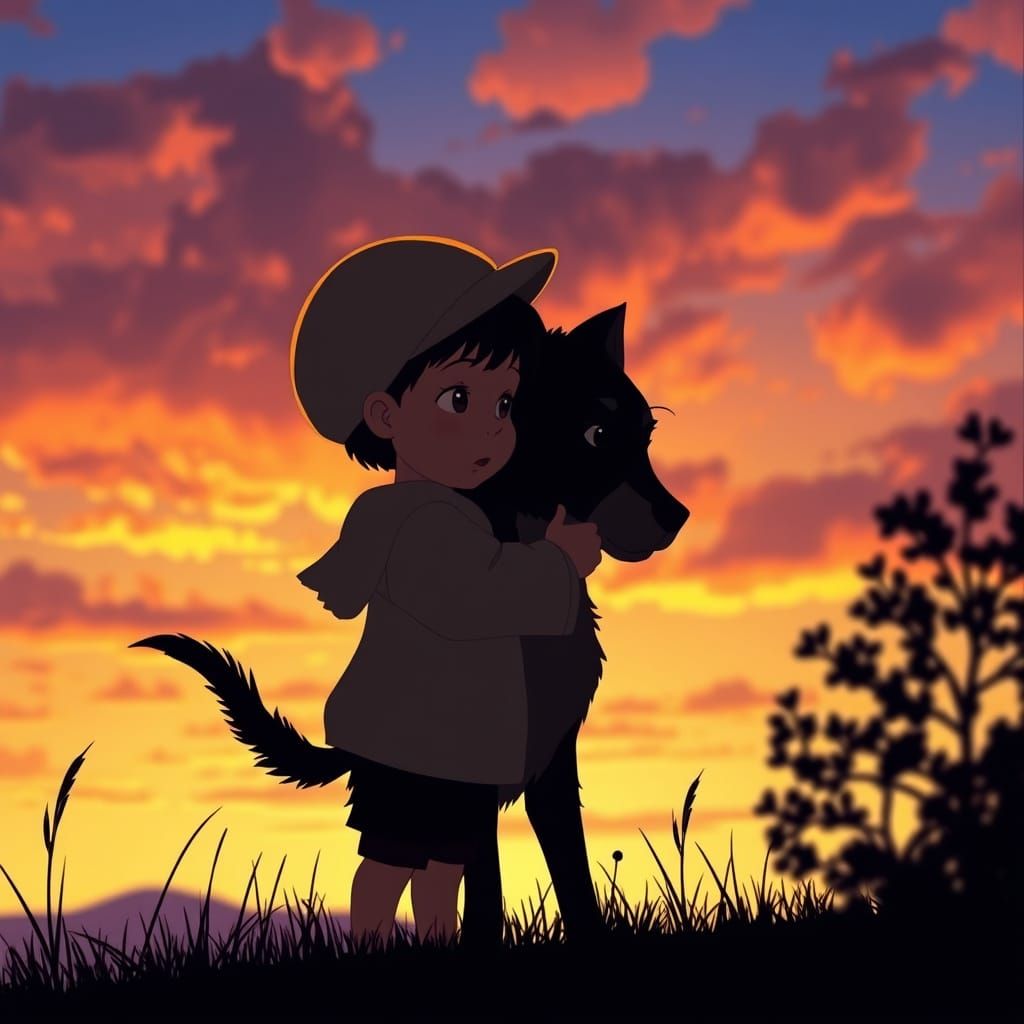 Child and Dog Silhouettes Embracing at Sunset