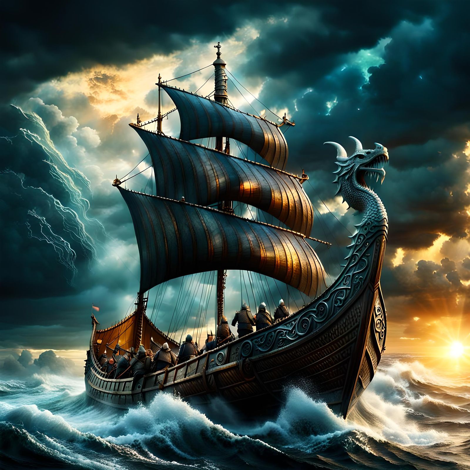 Fantasy Viking Ship on Raging Sea