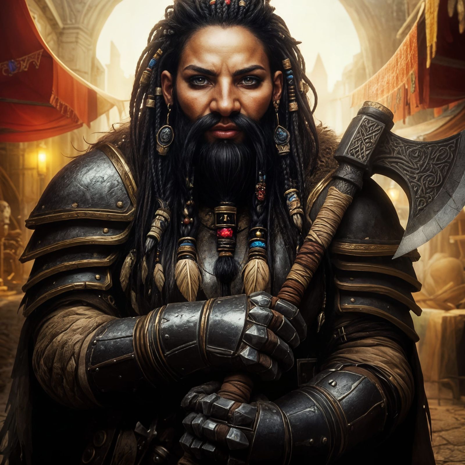 Fantasy Dwarf Warrior in Vibrant Market