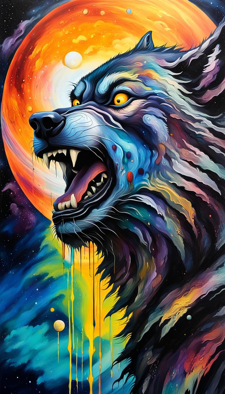 Werewolf Howling at Saturn Moon in Graffiti Art
