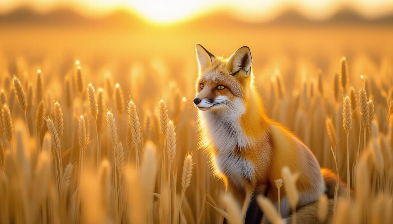Photorealistic Fox in Wheat Field at Sunset