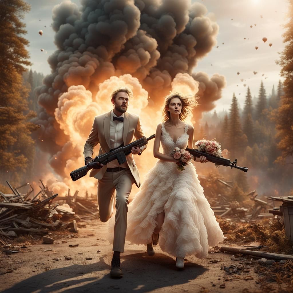 Explosion Escape: Armed Couple's Flight in Detailed Fantasy ...