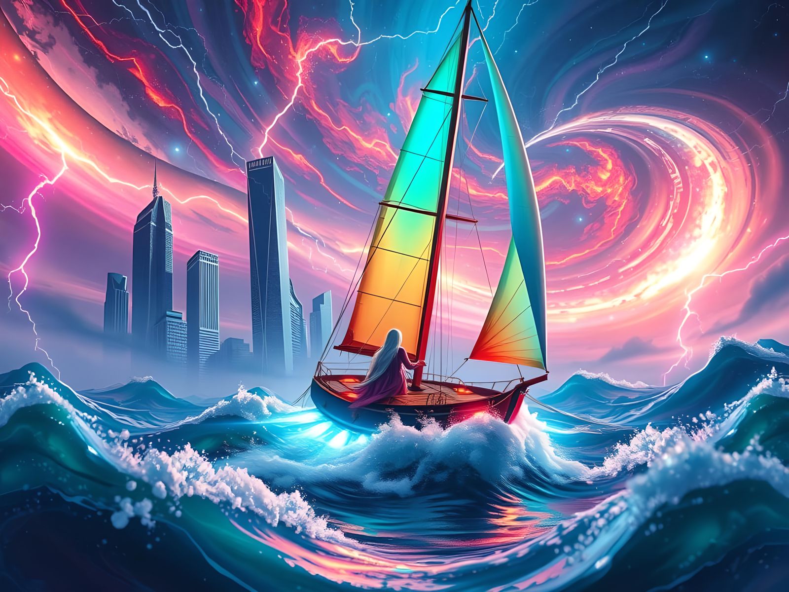 Bioluminescent Sailboat Navigates Storm in Syd Mead Style