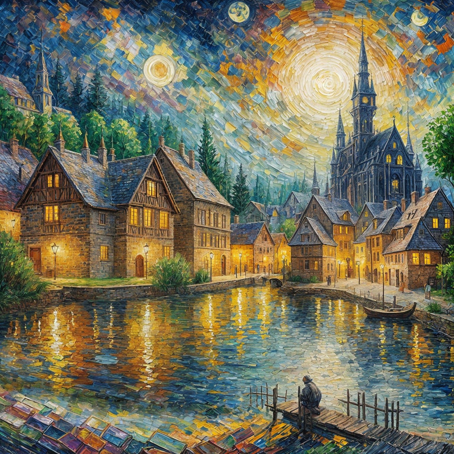 fantastic medieval village in the moonlight