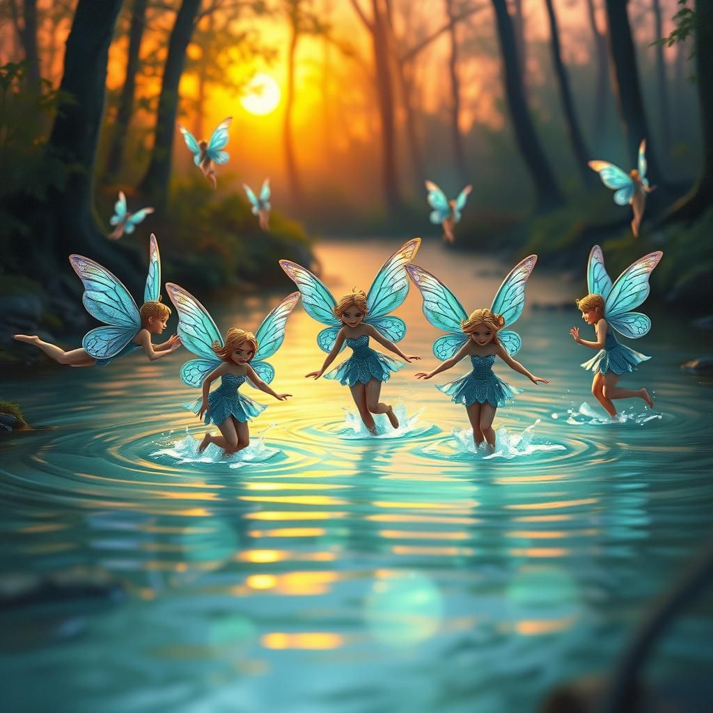 Fairies' Swimming Party in a Forest Stream