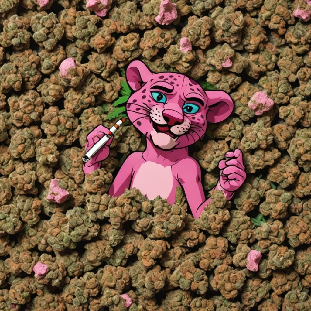 Pink Panther Smoking Weed Surrounded by Buds