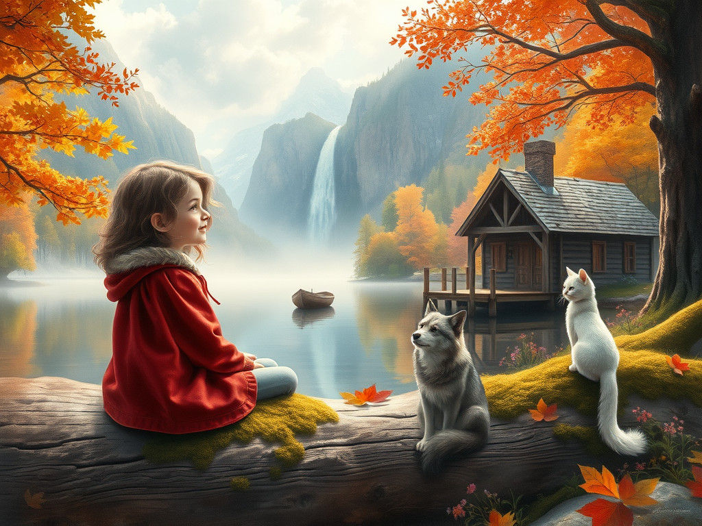 Girl, Wolf, and Cat in Autumnal Watercolor