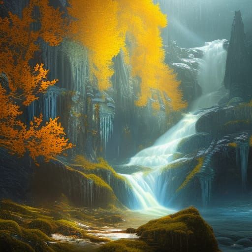 Golden Aspen Tree with Turquoise Waterfalls, Oil Painting