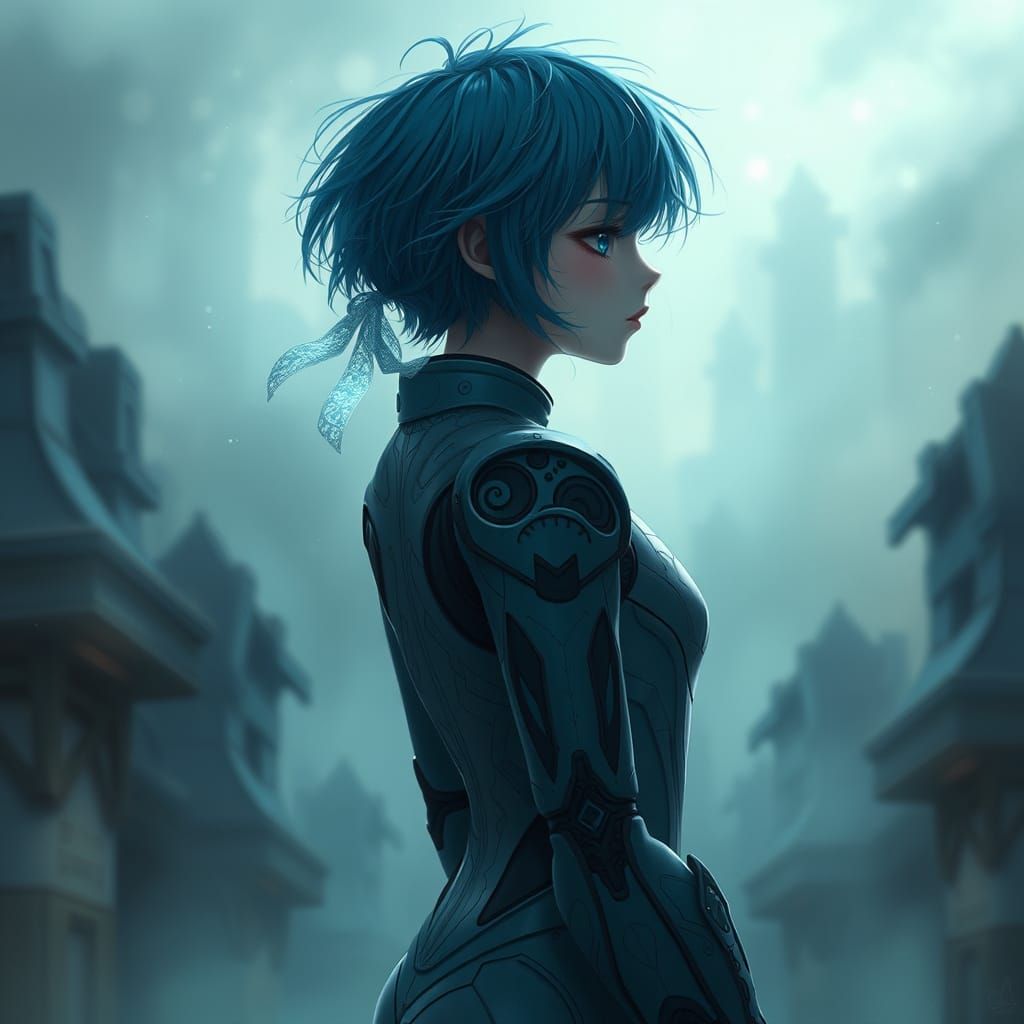 Heroic Blue-Haired Girl in Mech Suit Against Dreamy Ethereal...