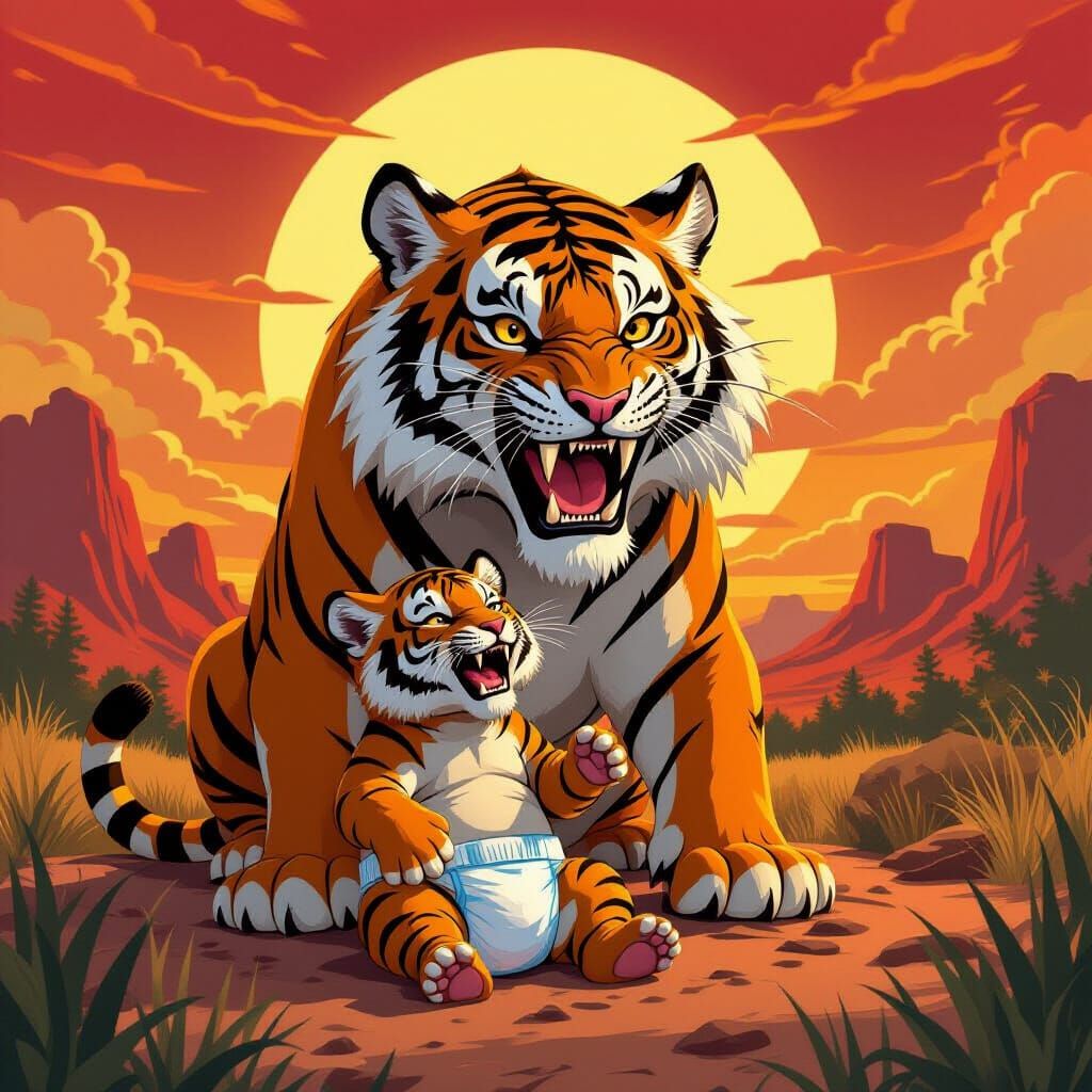 Sabertooth Tiger Family in Dramatic Jurassic Landscape