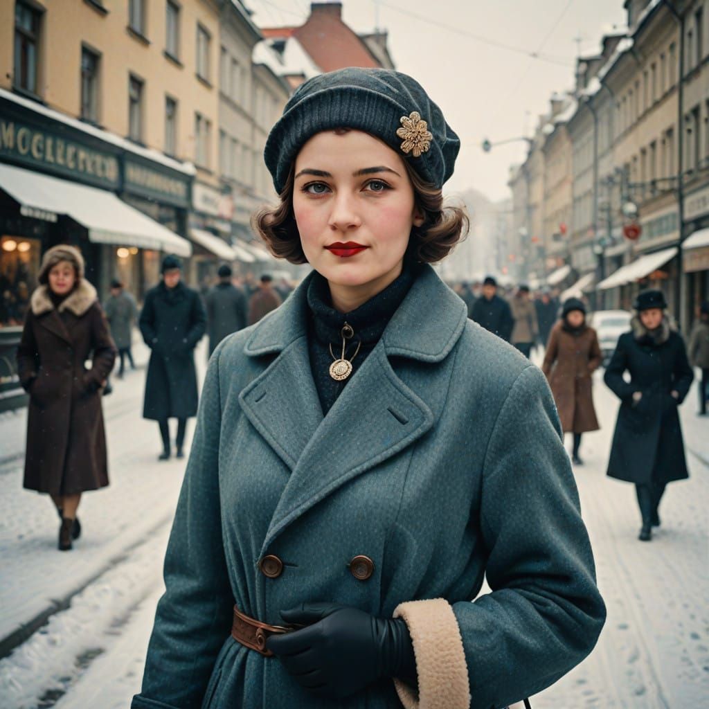 Vintage Woman in Winter Street Scene, Retro Warsaw 1920s