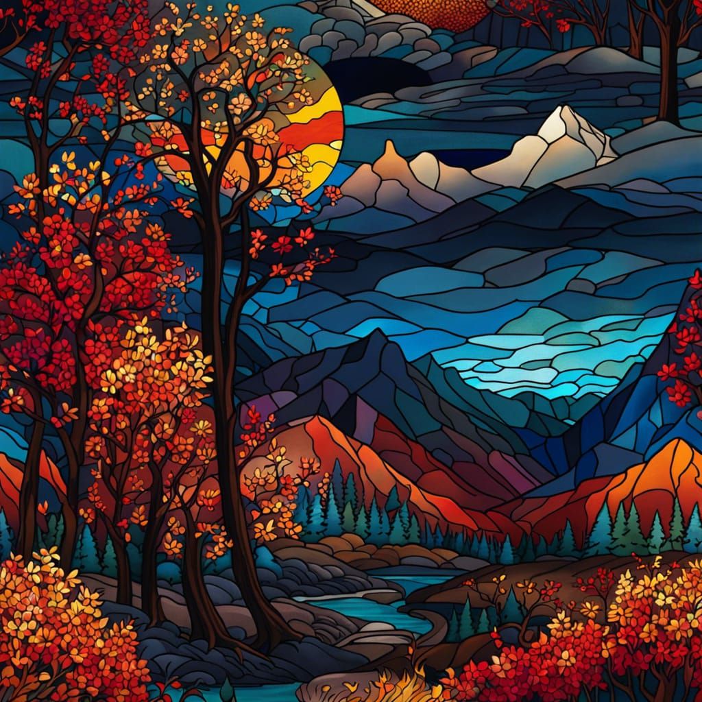 Stained Glass Mountain Landscape at Night