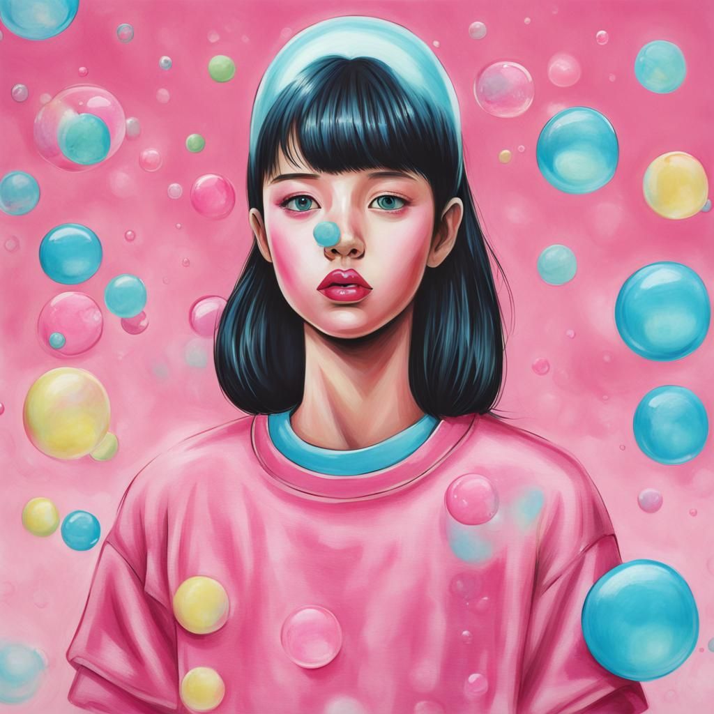 Girl Blowing Bubble Gum in Digital Art