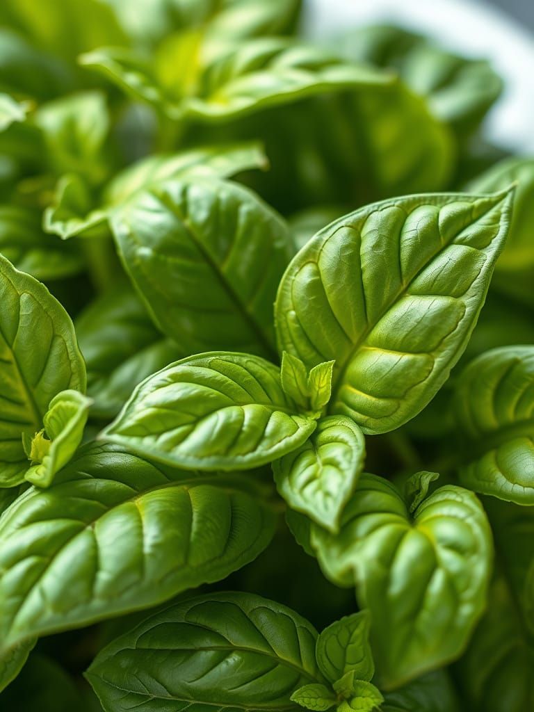 Macro Photo of Fresh Basil Leaves with Delicate Veins