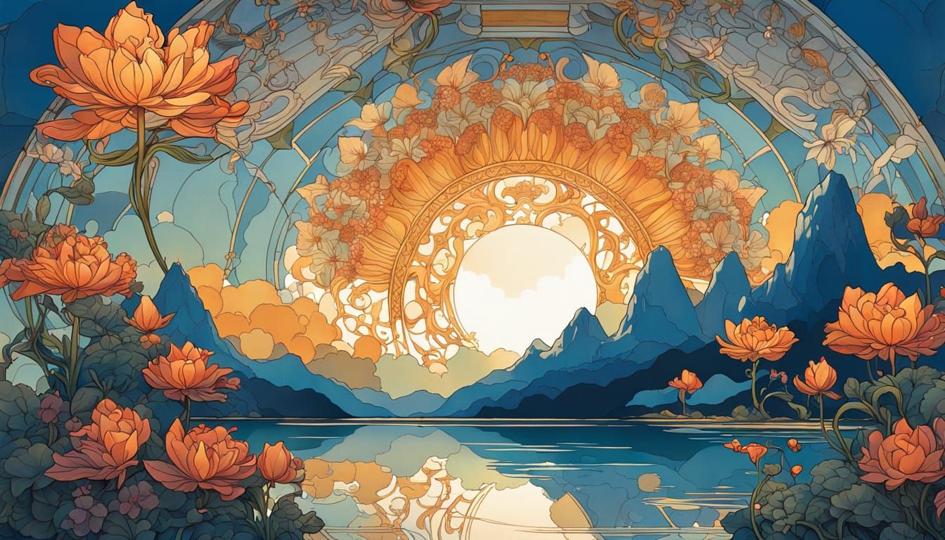 Serene Mountain Lake in Vibrant Colors and Art Nouveau Style