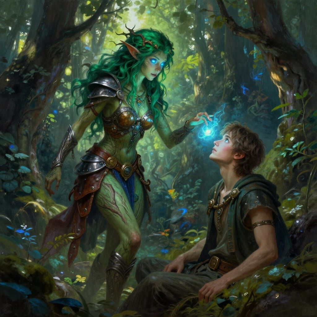 Mystical Dryad Enchanting Man in Sun-Dappled Grove