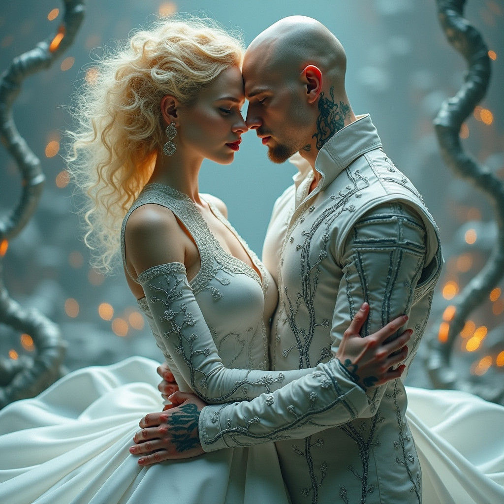 Futuristic Embrace: Woman and Man in Twisted Metal Landscape