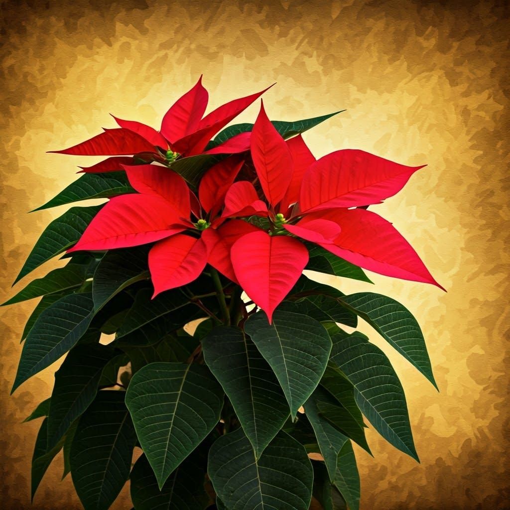Vibrant Poinsettia in Impressionist Style with Golden Backgr...