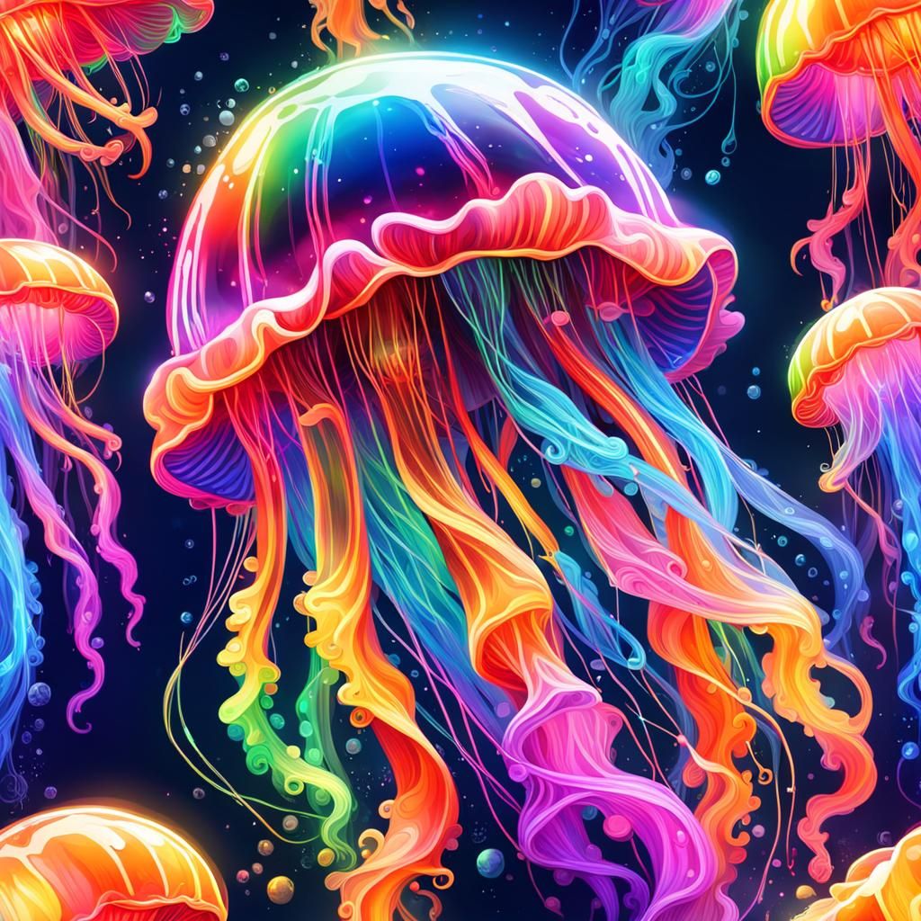 Glowing Neon Rainbow Jellyfish: Hyperrealistic Splash Art