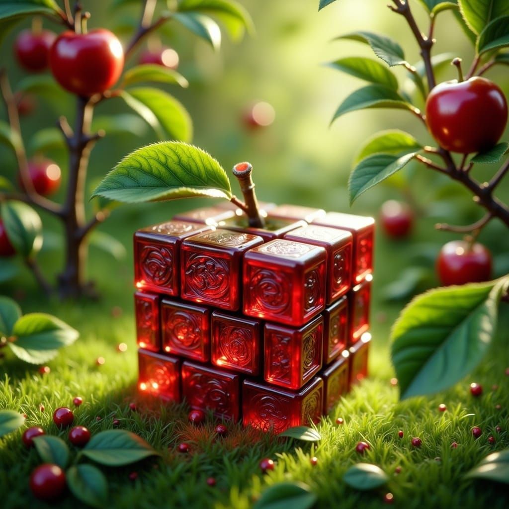 Surrealistic Gemstone Rubik's Cube Amidst a Dreamlike Orchar...