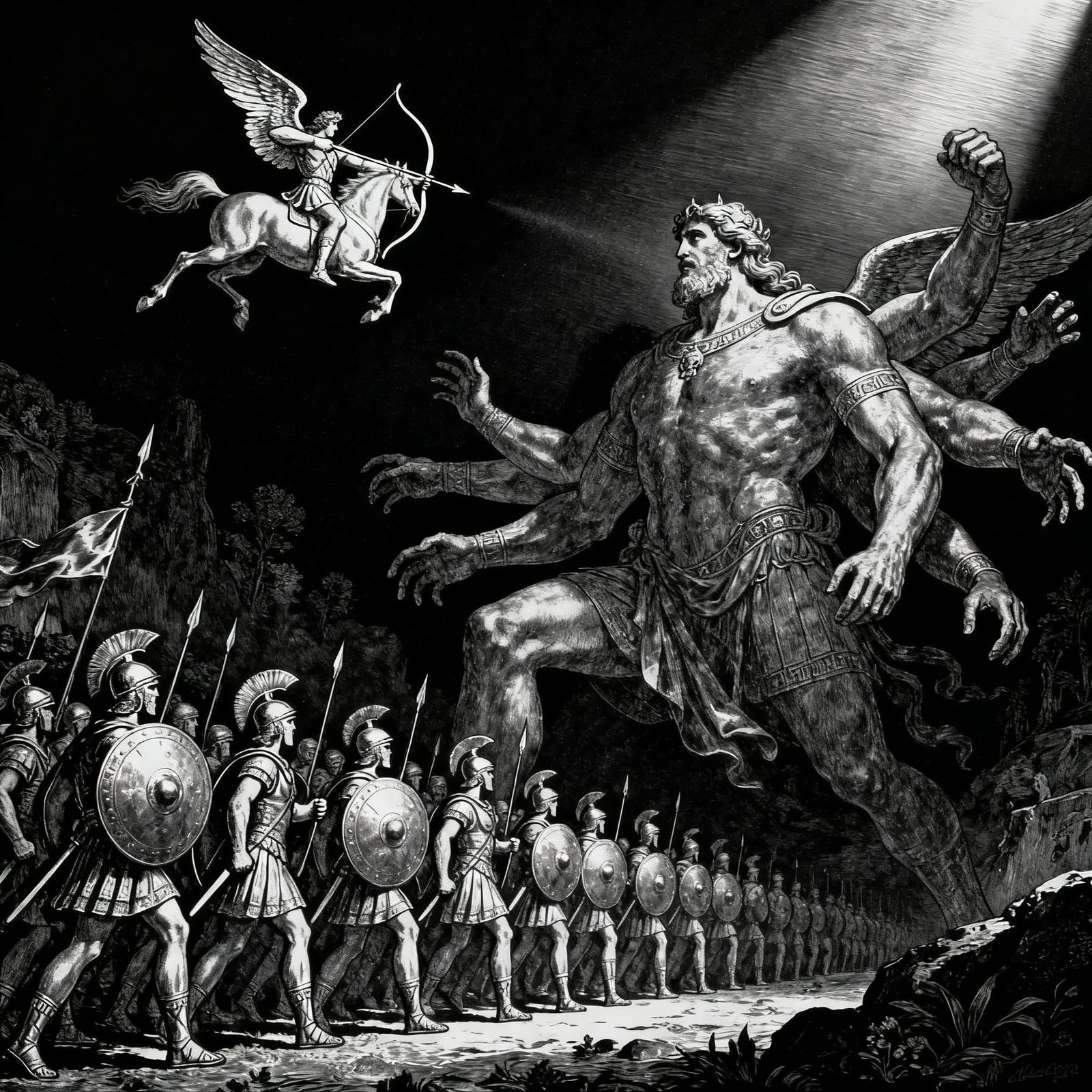 Hoplite Phalanx Battles Multi-Armed Giant in Engraved Style