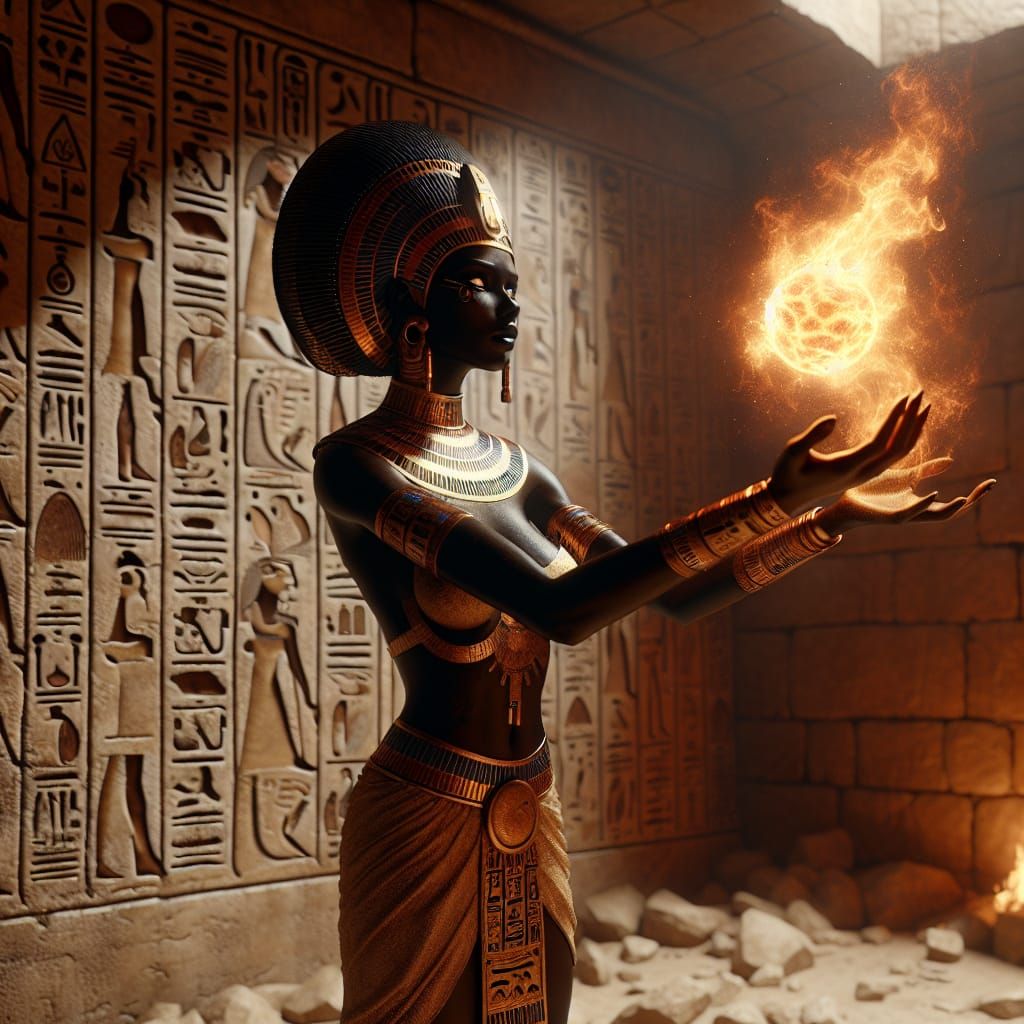 Egyptian Priestess Conjuring Ra's Fireball, Digital Art