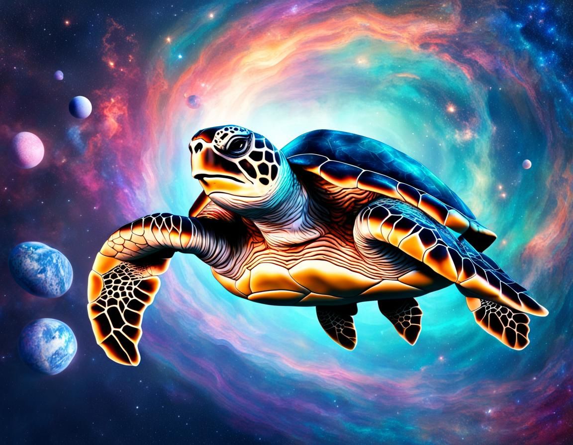 Cosmic Sea Turtle Balancing World, Holographic Illustration