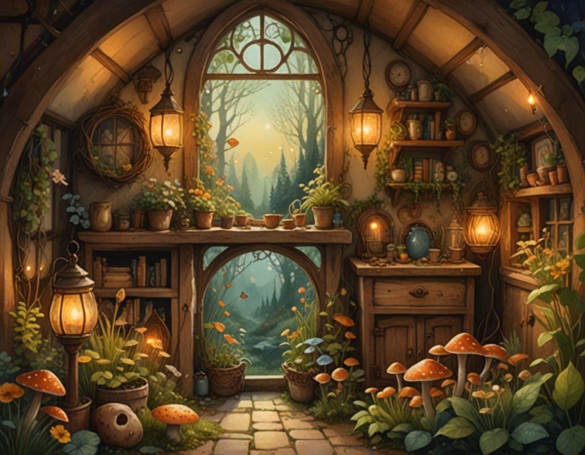 Witchy interior round window cluttered cottagecore