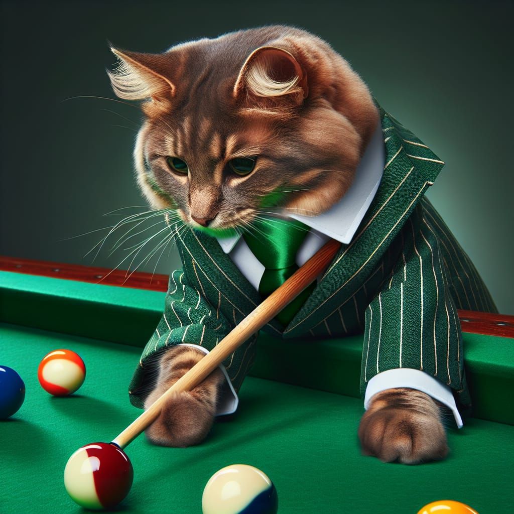 Tabby Cat Elegantly Playing Pool in Green Suit