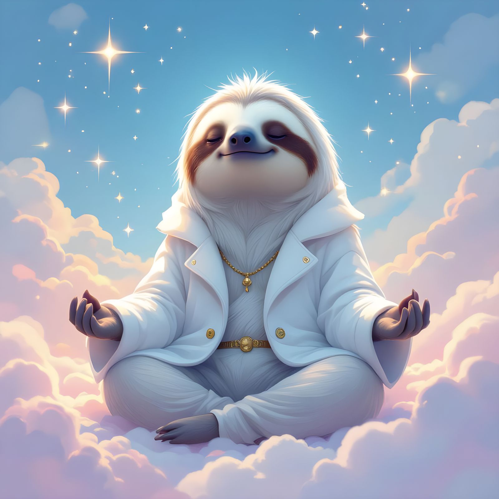 Wise Sloth Meditating in Pastel Sky with Twinkling Stars