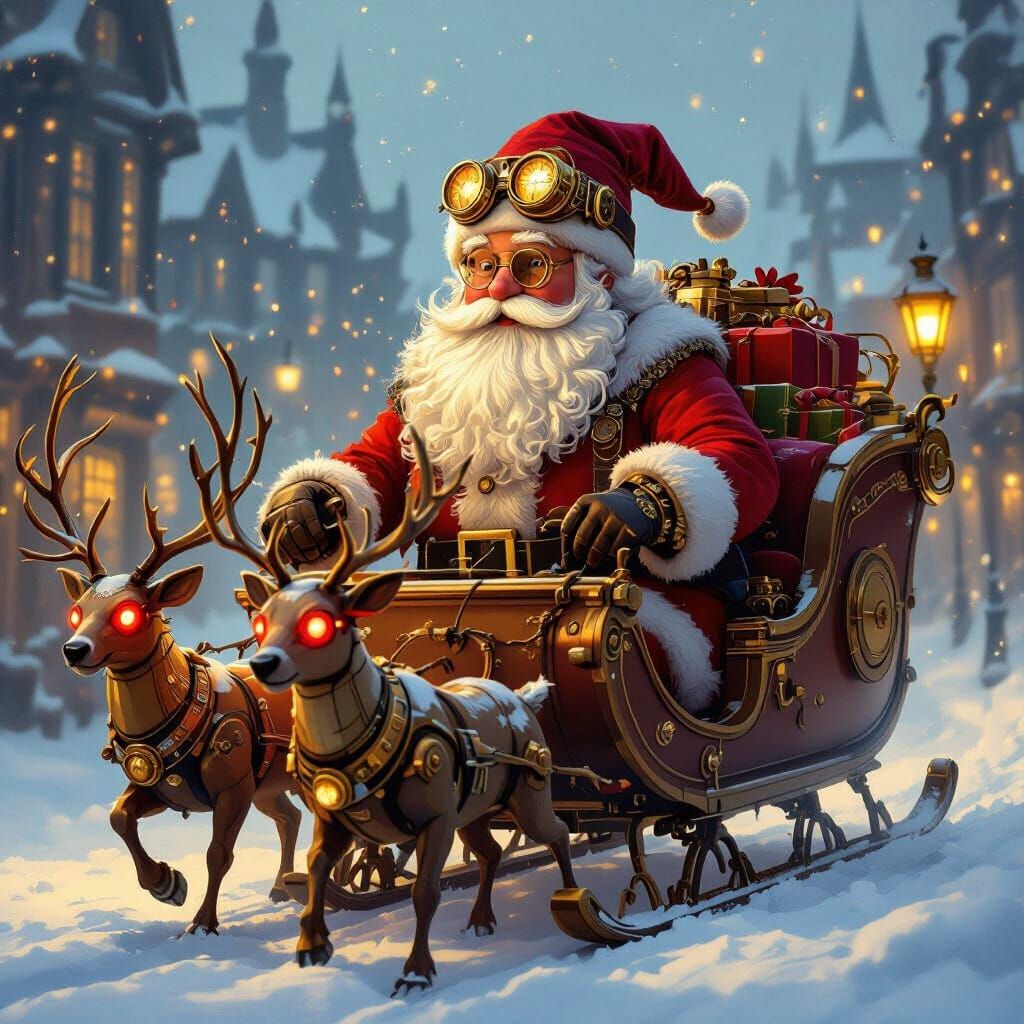 Steampunk Santa Claus Delivers Gifts in Victorian City