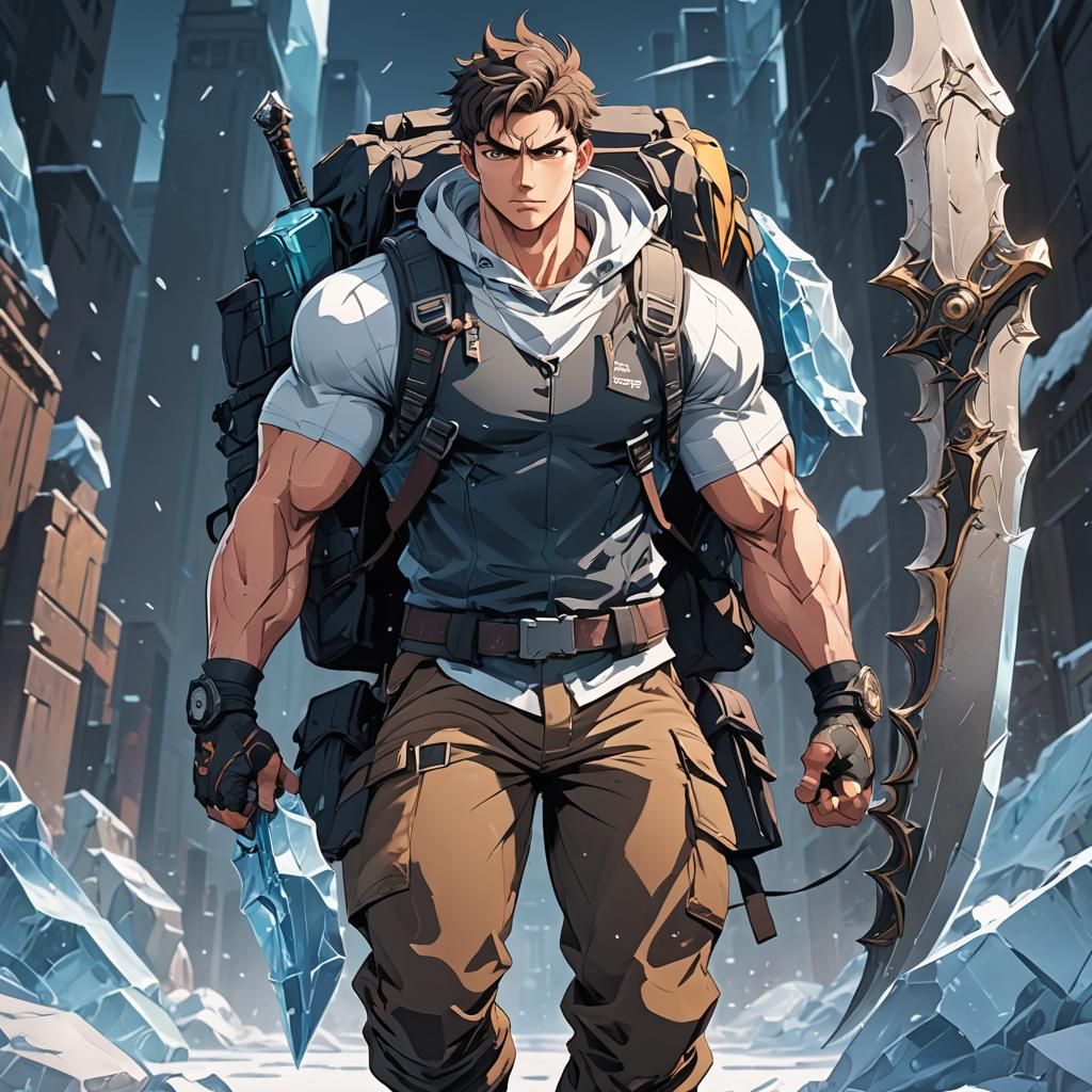 Anime Style Muscular Youth with Ice Dagger