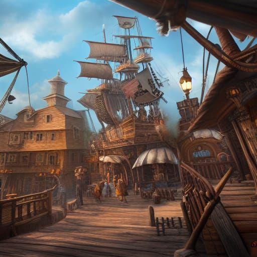 Detailed Pirate Town Architecture in Digital Painting
