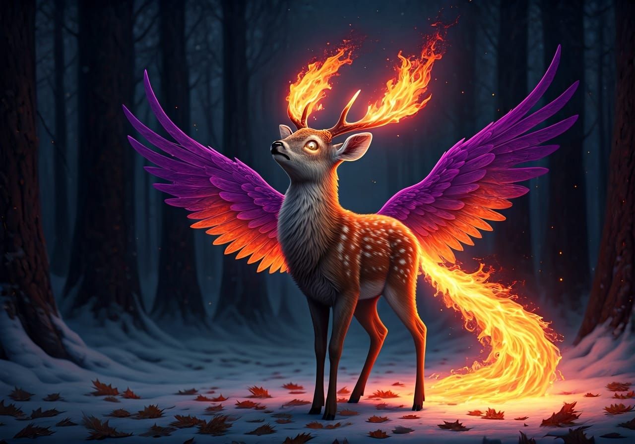Fiery Baby Deer in Autumn Forest: Digital Art