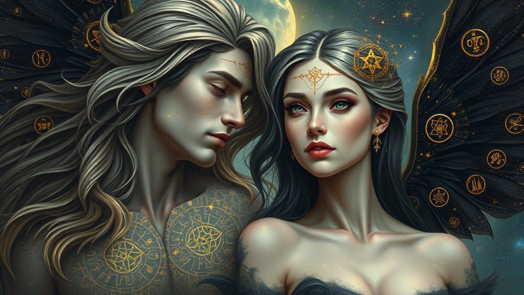 Ethereal Constellation Couple with Gold and Black Wings