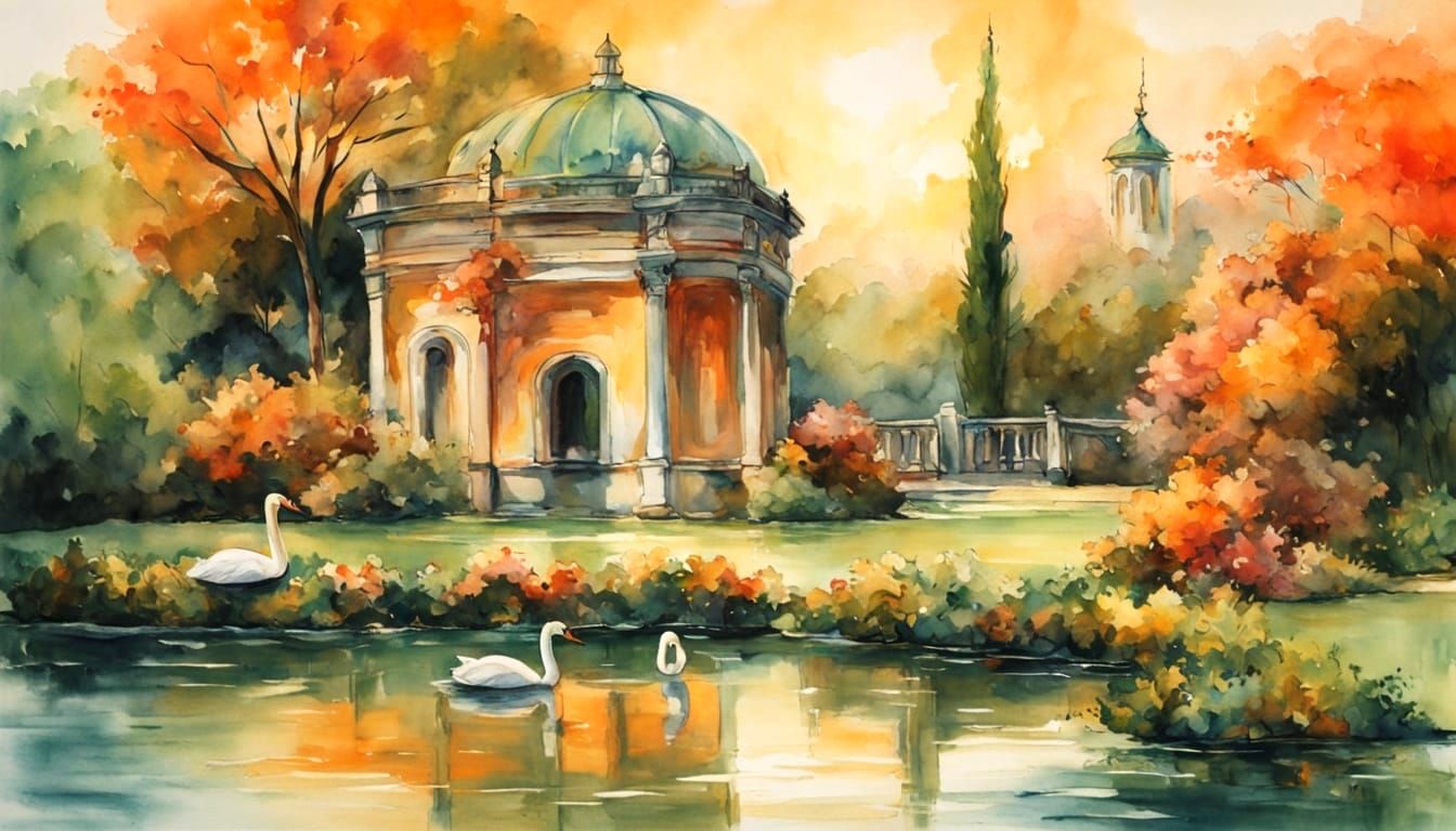 Baroque Palace Gardens with Swans: Watercolor Art