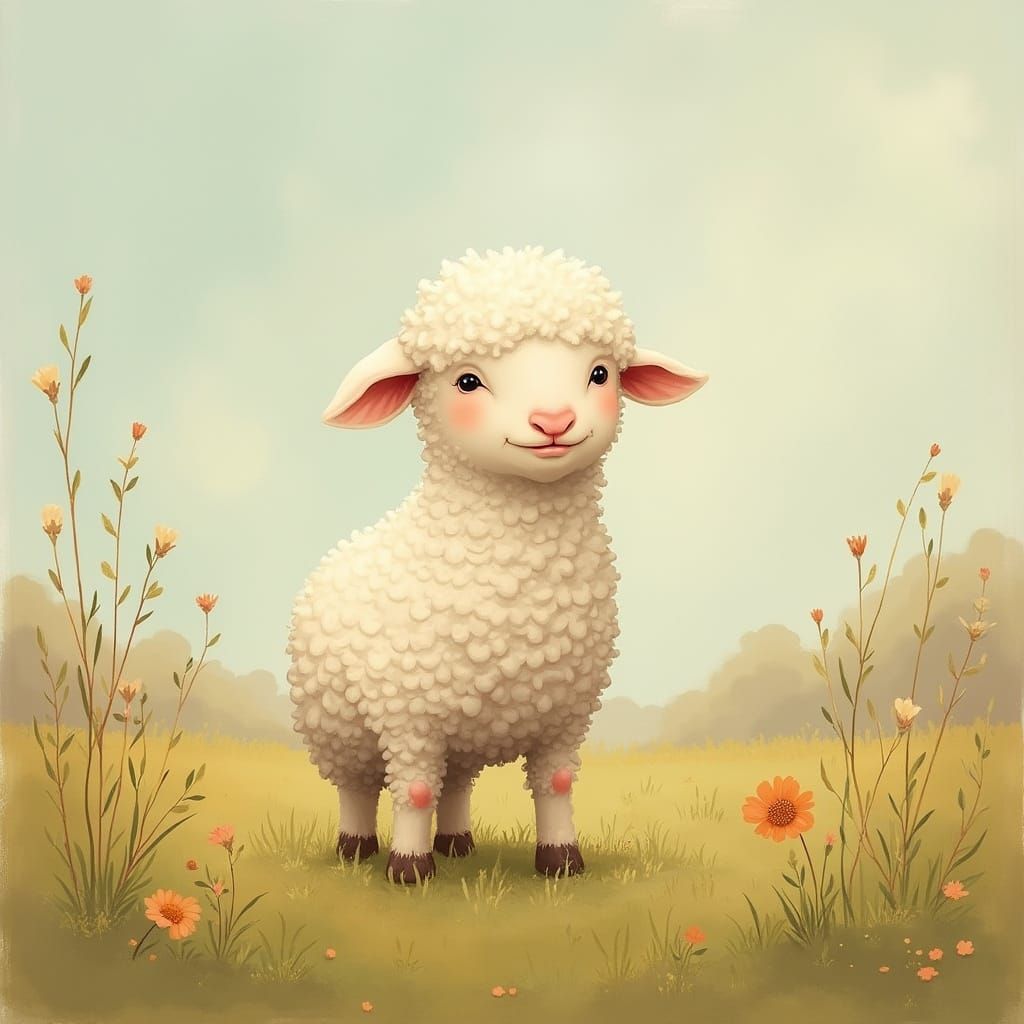 Whimsical Lamb in Pastoral Scene