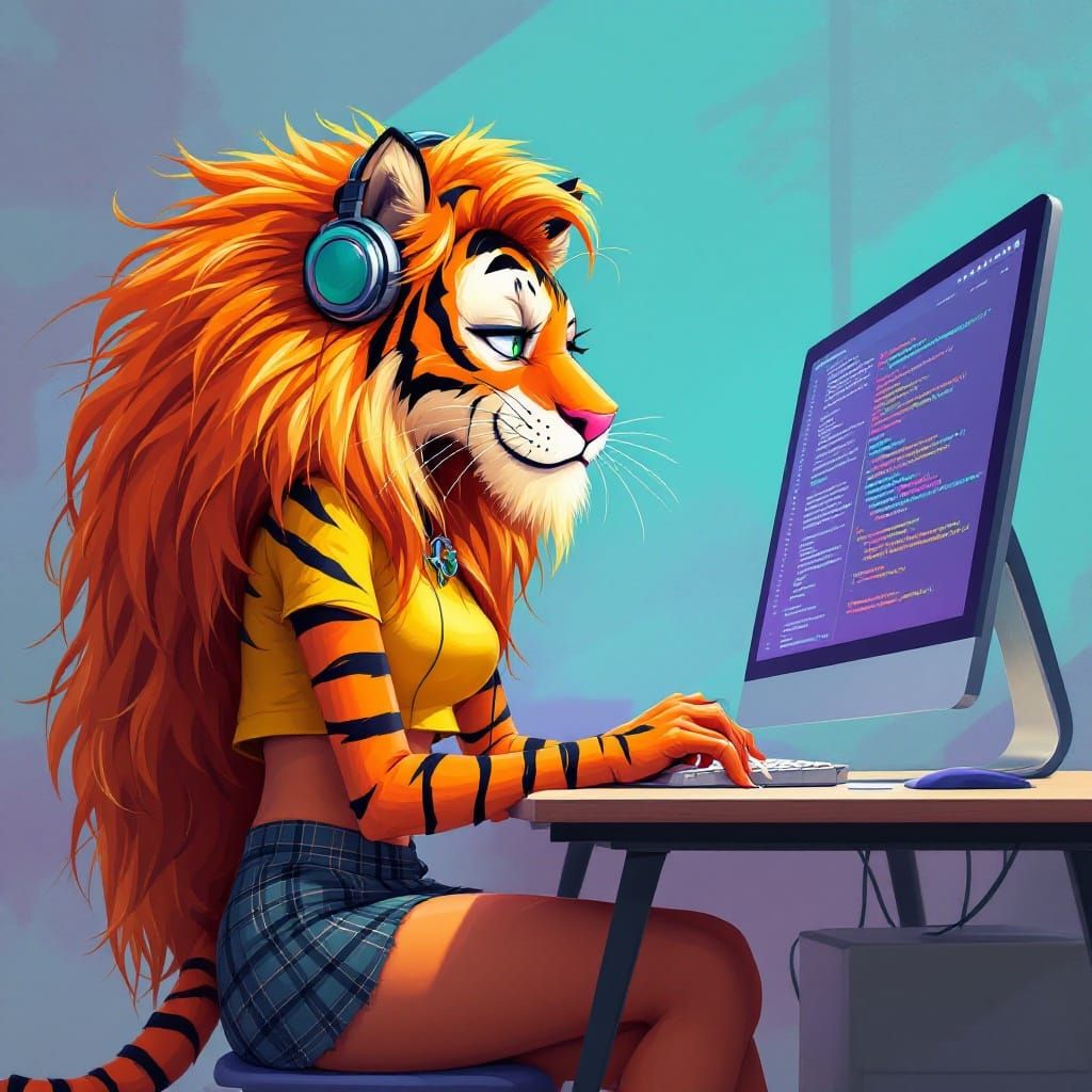 Surreal Digital Portrait of a Feline Programmer in a Whimsic...