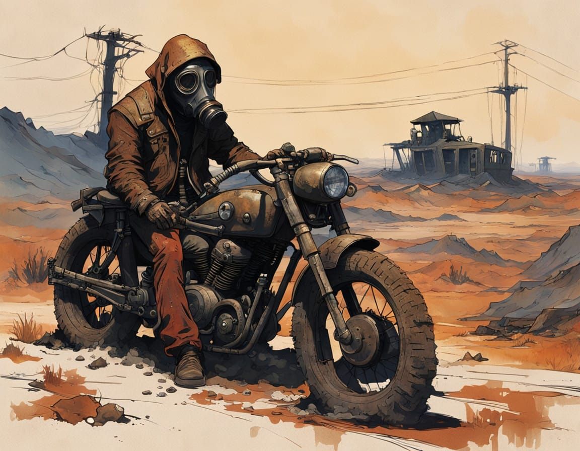 Post-Apocalyptic Biker Rides into the Fiery Red Sunset