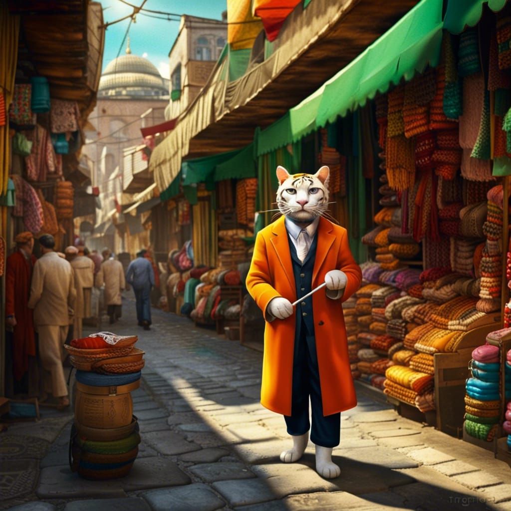 Tiger in Zoot Suit Browsing Istanbul Bazaar